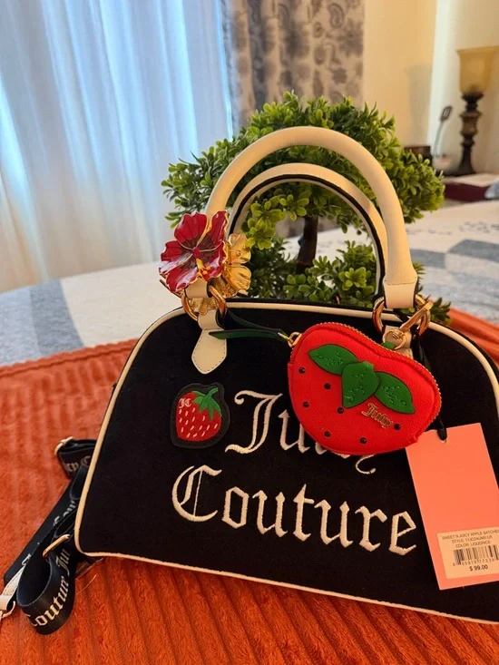 Juicy Couture Black Satchel with White Trim & Strawberry Charm - Picture 13 of 16